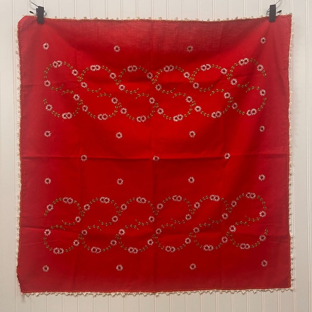 Vintage Woolen Hand Embroidered Red Floral Table Cloth Square 36" X 34.5"